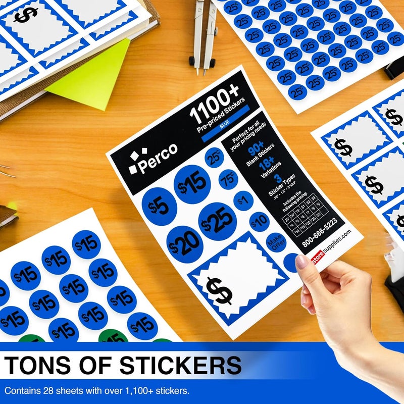 Perco Garage Price Stickers - 28 Sheets, 1,100 Pre-Priced & Blank Blue Stickers - Easy-to-Read Price Tags for Effective Pricing Ideal for Yard Sales, Flea Markets, County Fairs & Retail Use - Image 4